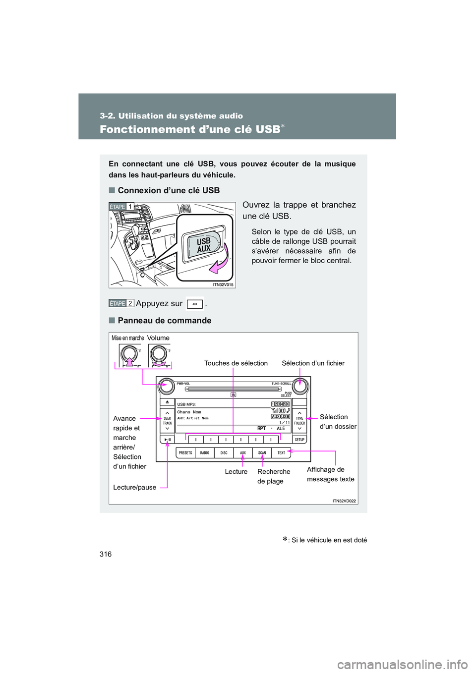 TOYOTA VENZA 2010  Manuel du propriétaire (in French) 316
3-2. Utilisation du système audio
VENZA_D (OM73005D)
Fonctionnement d’une clé USB∗
∗: Si le véhicule en est doté
En connectant une clé USB, vous pouvez écouter de la musique
dans les h