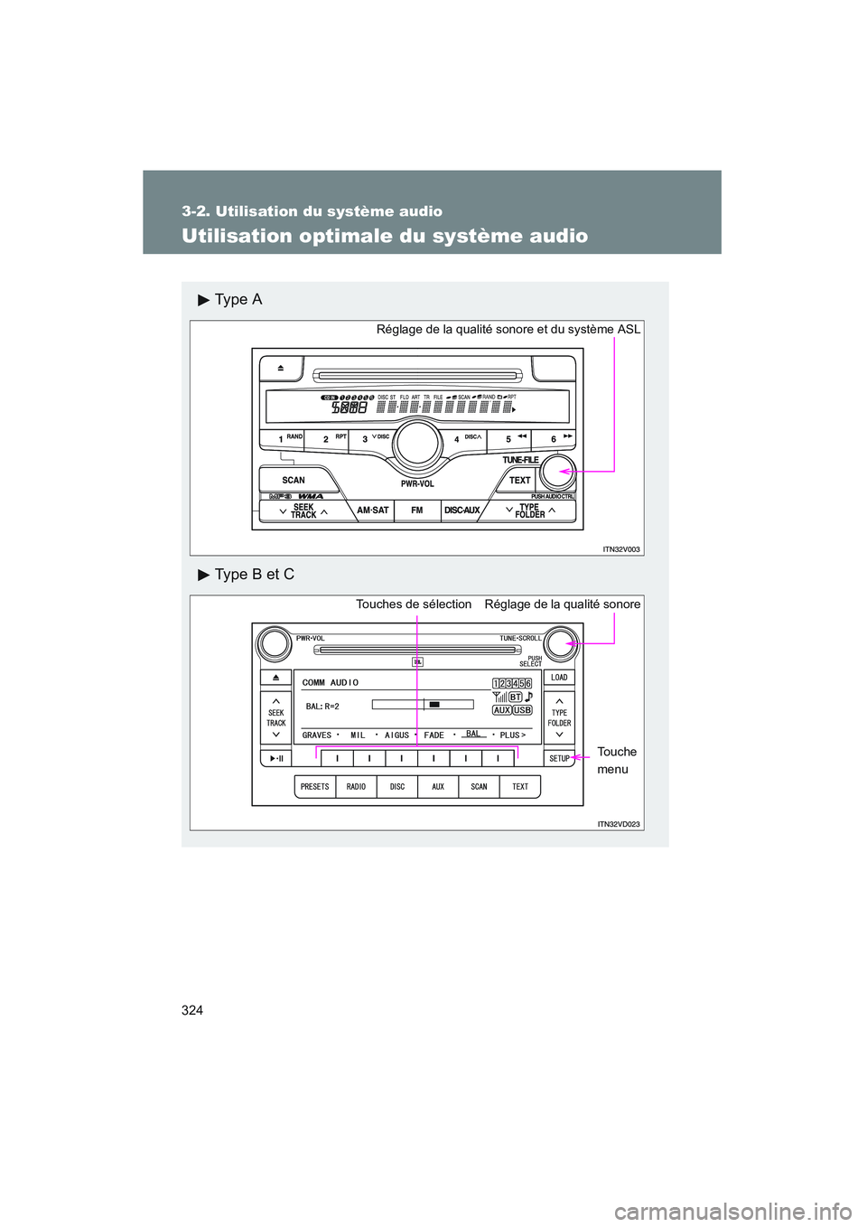 TOYOTA VENZA 2010  Manuel du propriétaire (in French) 324
3-2. Utilisation du système audio
VENZA_D (OM73005D)
Utilisation optimale du système audio
Ty p e  A
Ty p e  B  e t  C
Réglage de la qualité sonore et du système ASL
Réglage de la qualité s
