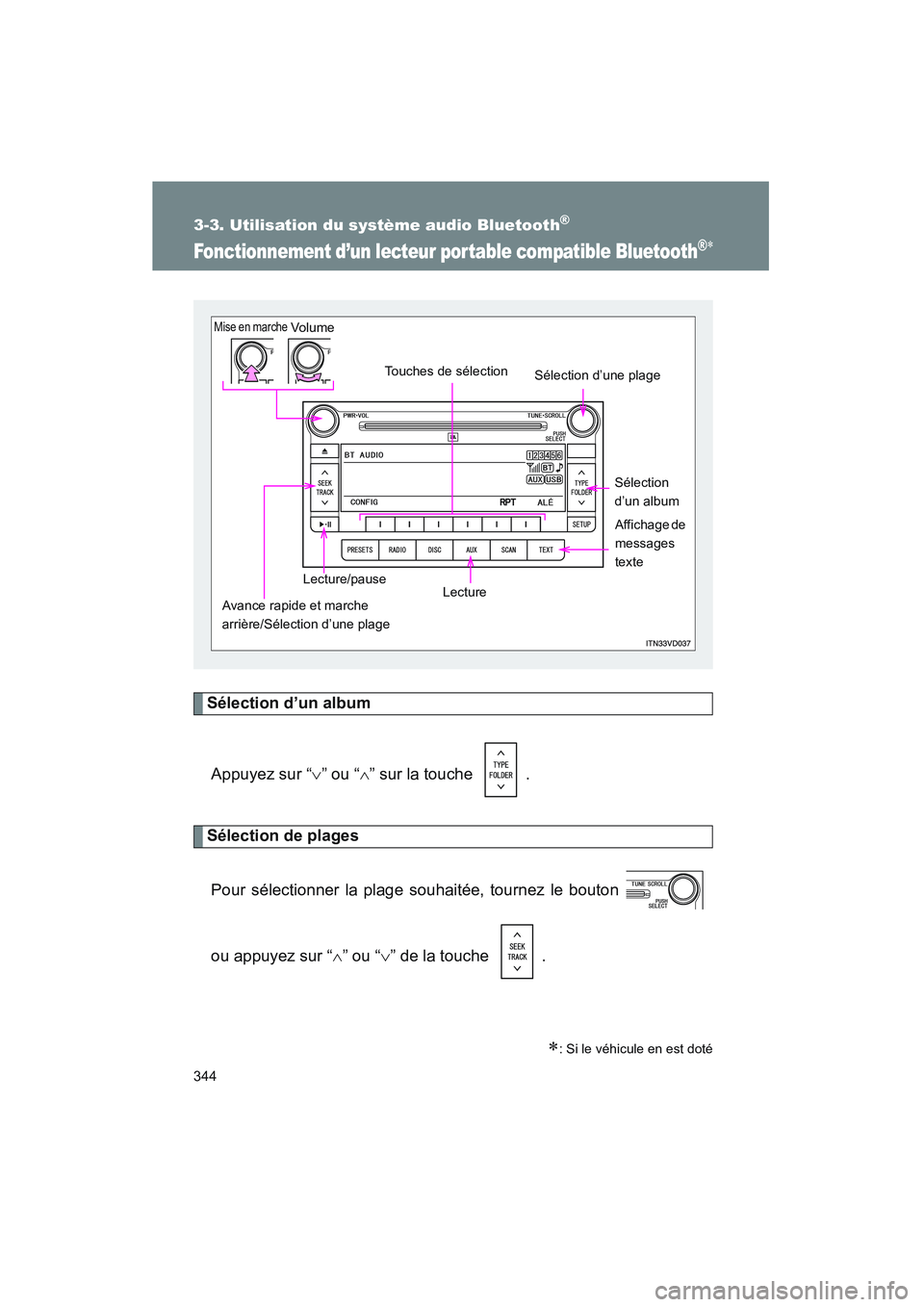 TOYOTA VENZA 2010  Manuel du propriétaire (in French) 344
3-3. Utilisation du système audio Bluetooth®
VENZA_D (OM73005D)
Fonctionnement d’un lecteur portable compatible Bluetooth®∗
Sélection d’un album
Appuyez sur “ ∨” ou “ ∧” sur 