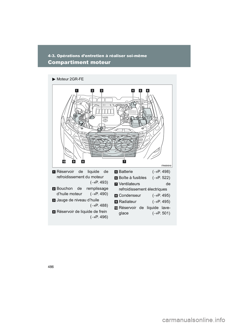TOYOTA VENZA 2010  Manuel du propriétaire (in French) 486
4-3. Opérations d’entretien à réaliser soi-même
VENZA_D (OM73005D)
Compartiment moteur
Moteur 2GR-FE
Réservoir de liquide de
refroidissement du moteur(→ P. 493)
Bouchon de remplissage
d