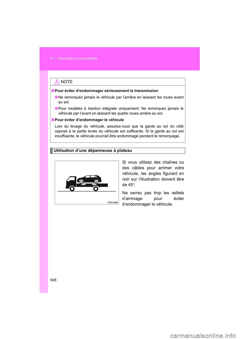 TOYOTA VENZA 2010  Manuel du propriétaire (in French) 548 5-1. Informations essentielles
VENZA_D (OM73005D)
Utilisation d’une dépanneuse à plateauSi vous utilisez des chaînes ou
des câbles pour arrimer votre
véhicule, les angles figurant en
noir s
