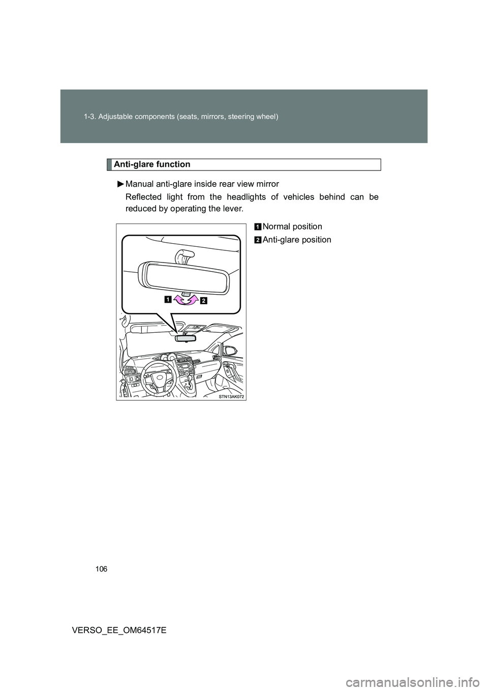 TOYOTA VERSO 2017  Owners Manual 106 
1-3. Adjustable components (seats, mirrors, steering wheel)
VERSO_EE_OM64517E
Anti-glare function 
Manual anti-glare inside rear view mirror 
Reflected light from the headlights of vehicles behin