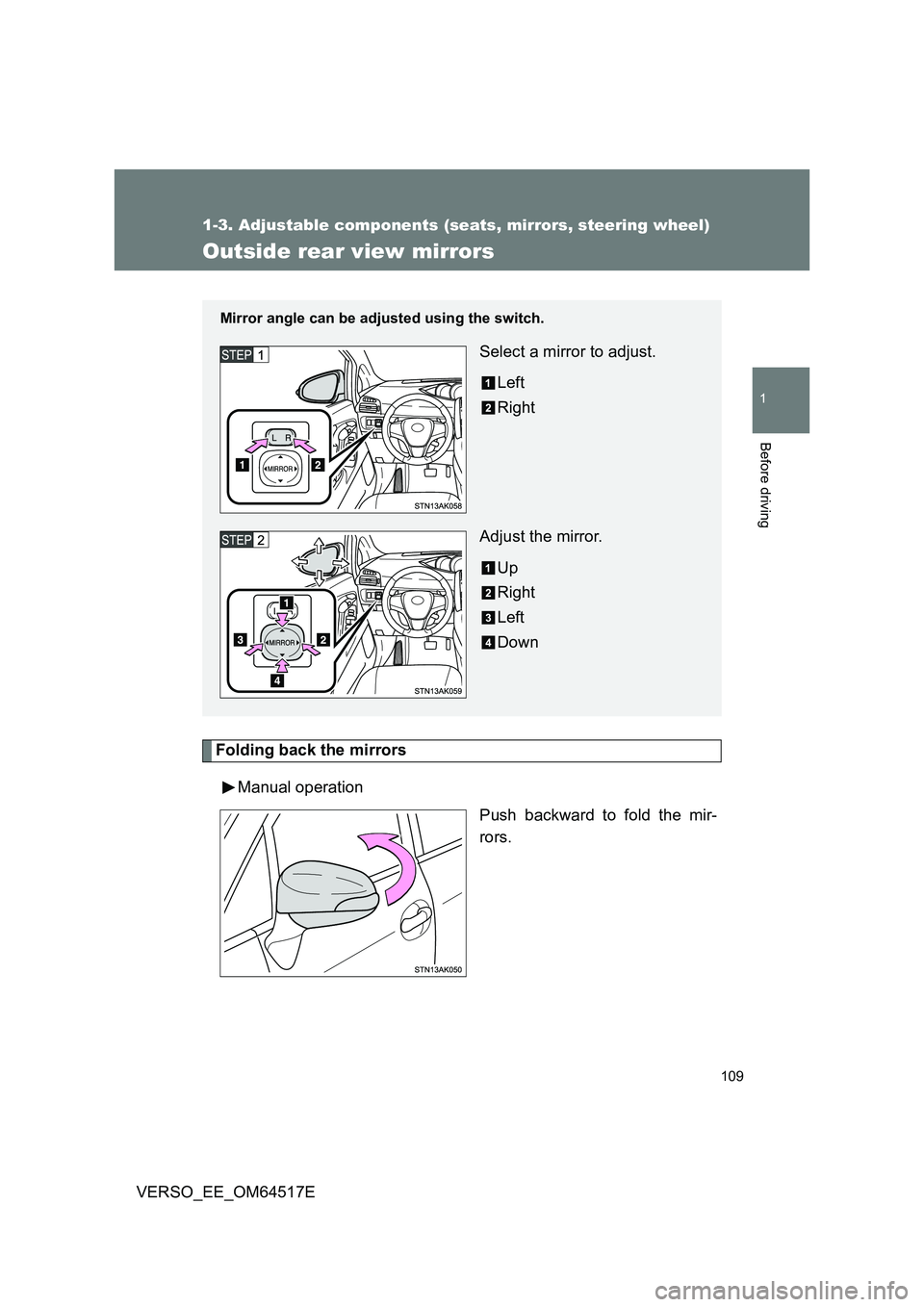 TOYOTA VERSO 2017  Owners Manual 109
1
1-3. Adjustable components (seats, mirrors, steering wheel)
Before driving
VERSO_EE_OM64517E
Outside rear view mirrors
Folding back the mirrors 
Manual operation 
Push backward to fold the mir- 