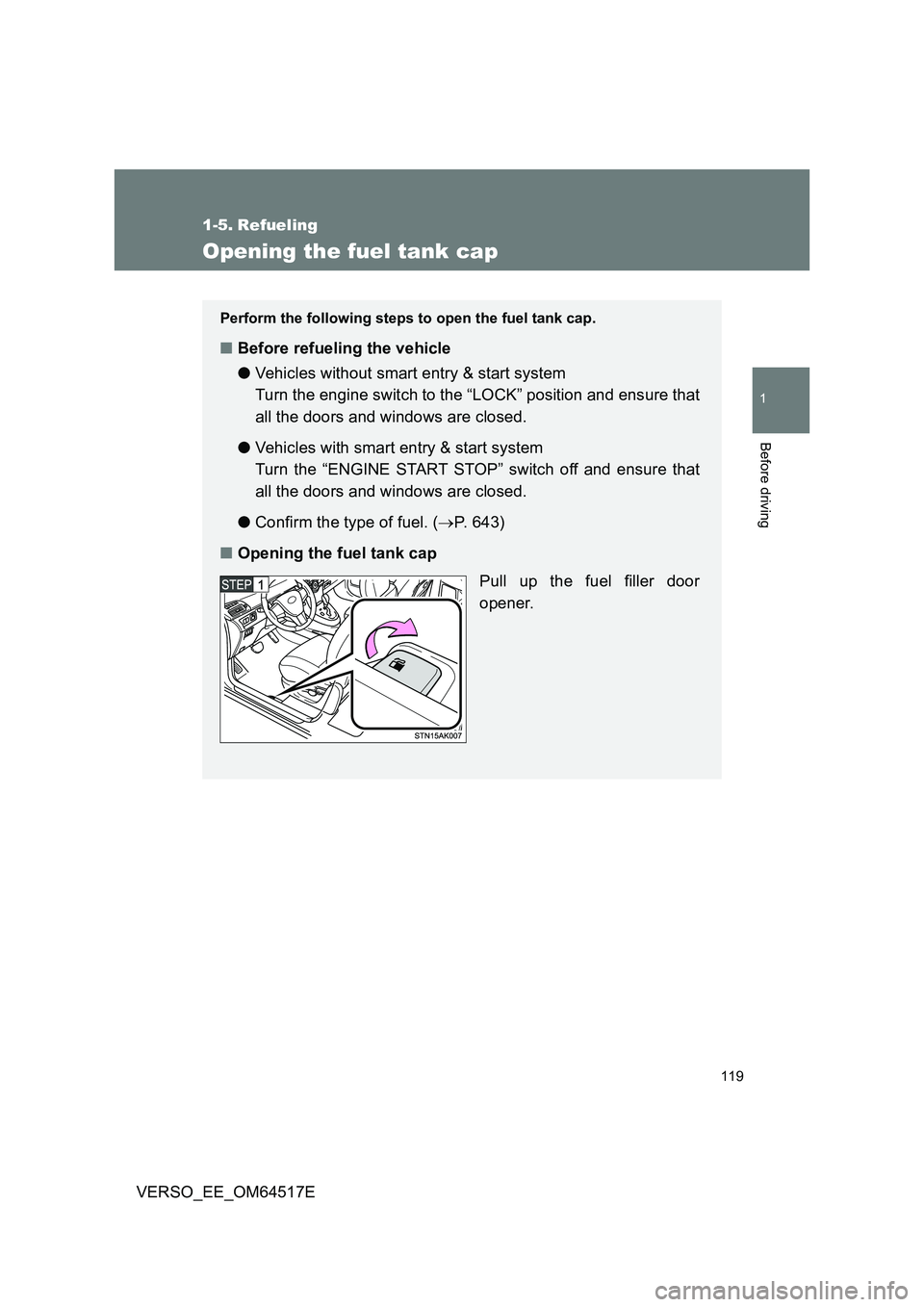TOYOTA VERSO 2017  Owners Manual 119
1
Before driving
VERSO_EE_OM64517E
1-5. Refueling
Opening the fuel tank cap
Perform the following steps to open the fuel tank cap.
■Before refueling the vehicle 
● Vehicles without smart entry