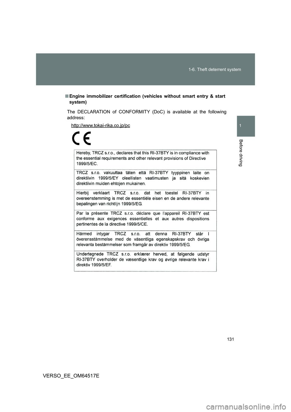 TOYOTA VERSO 2017  Owners Manual 131 
1-6. Theft deterrent system
1
Before driving
VERSO_EE_OM64517E
■ Engine immobilizer certification (vehicles without smart entry & start 
system)
The DECLARATION of CONFORMITY (DoC) is available