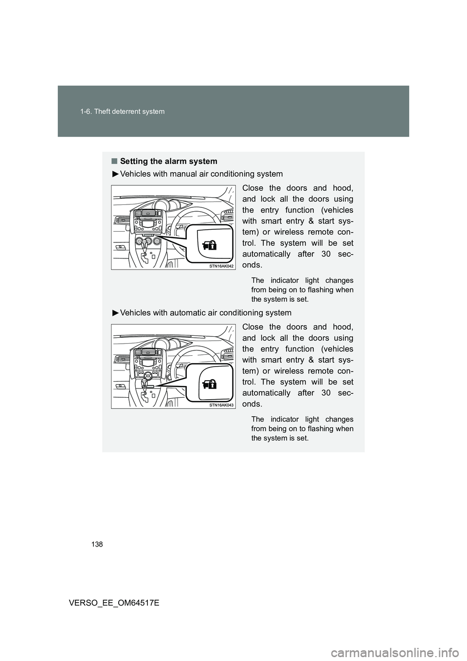 TOYOTA VERSO 2017  Owners Manual 138 
1-6. Theft deterrent system
VERSO_EE_OM64517E
■ Setting the alarm system 
Vehicles with manual air conditioning system 
Close the doors and hood, 
and lock all the doors using
the entry functio