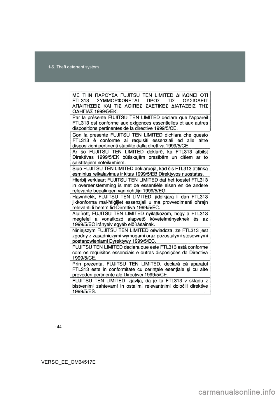TOYOTA VERSO 2017  Owners Manual 144 
1-6. Theft deterrent system
VERSO_EE_OM64517E 