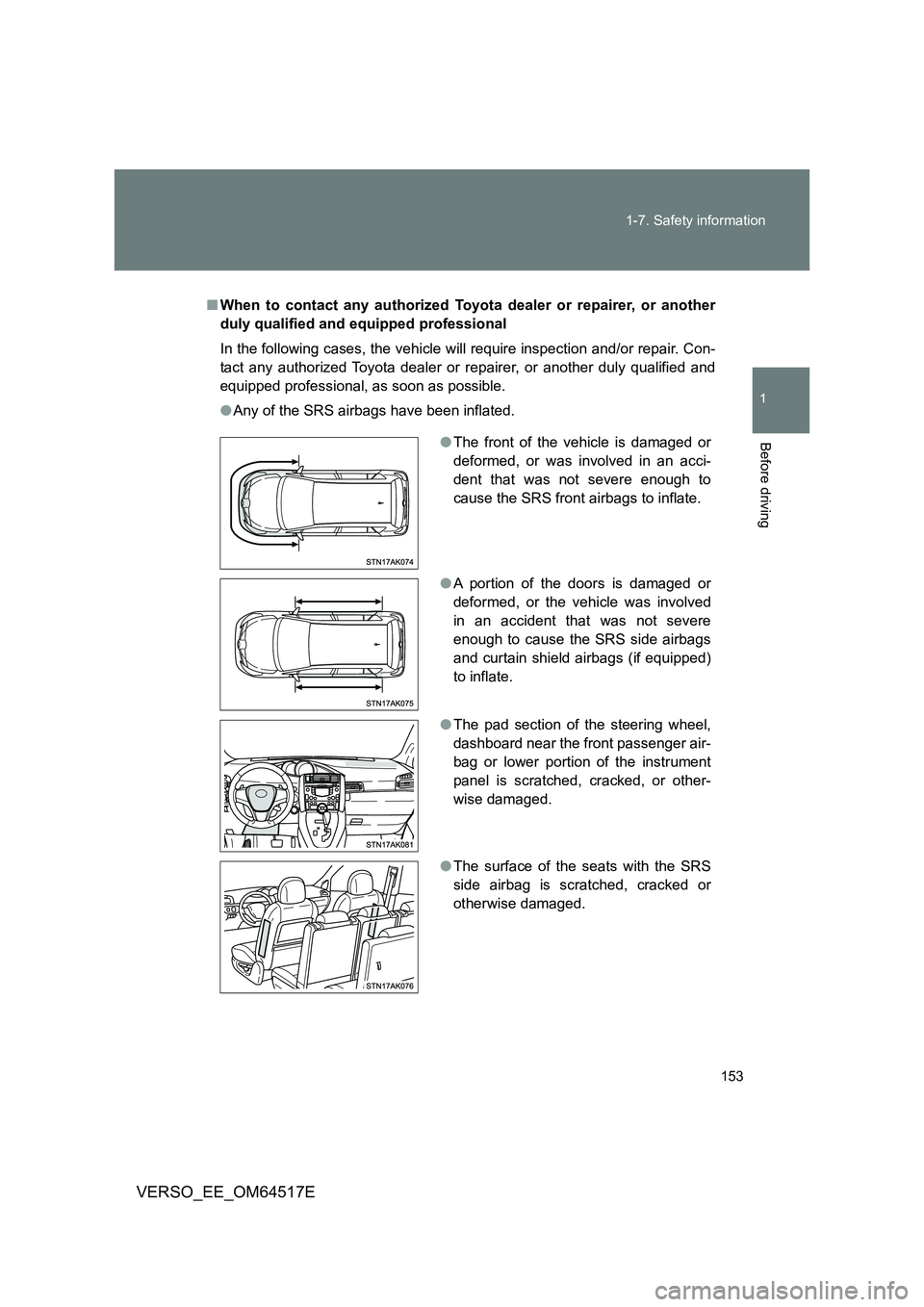 TOYOTA VERSO 2017 Owners Manual 153
1-7. Safety information
1
Before driving
VERSO_EE_OM64517E
■ When to contact any authorized Toyota dealer or repairer, or another
duly qualified and equipped professional
In the following cas TOYOTA VERSO 2017 Owners Manual 153
1-7. Safety information
1
Before driving
VERSO_EE_OM64517E
■ When to contact any authorized Toyota dealer or repairer, or another
duly qualified and equipped professional
In the following cas
