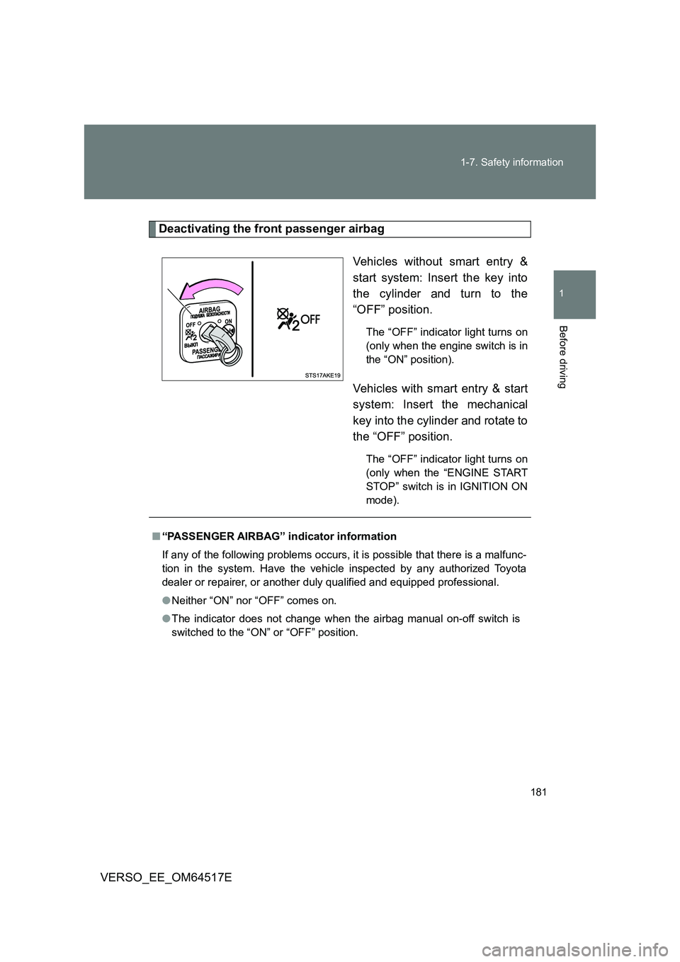 TOYOTA VERSO 2017  Owners Manual 181 
1-7. Safety information
1
Before driving
VERSO_EE_OM64517E
Deactivating the front passenger airbag 
Vehicles without smart entry & 
start system: Insert the key into
the cylinder and turn to the 