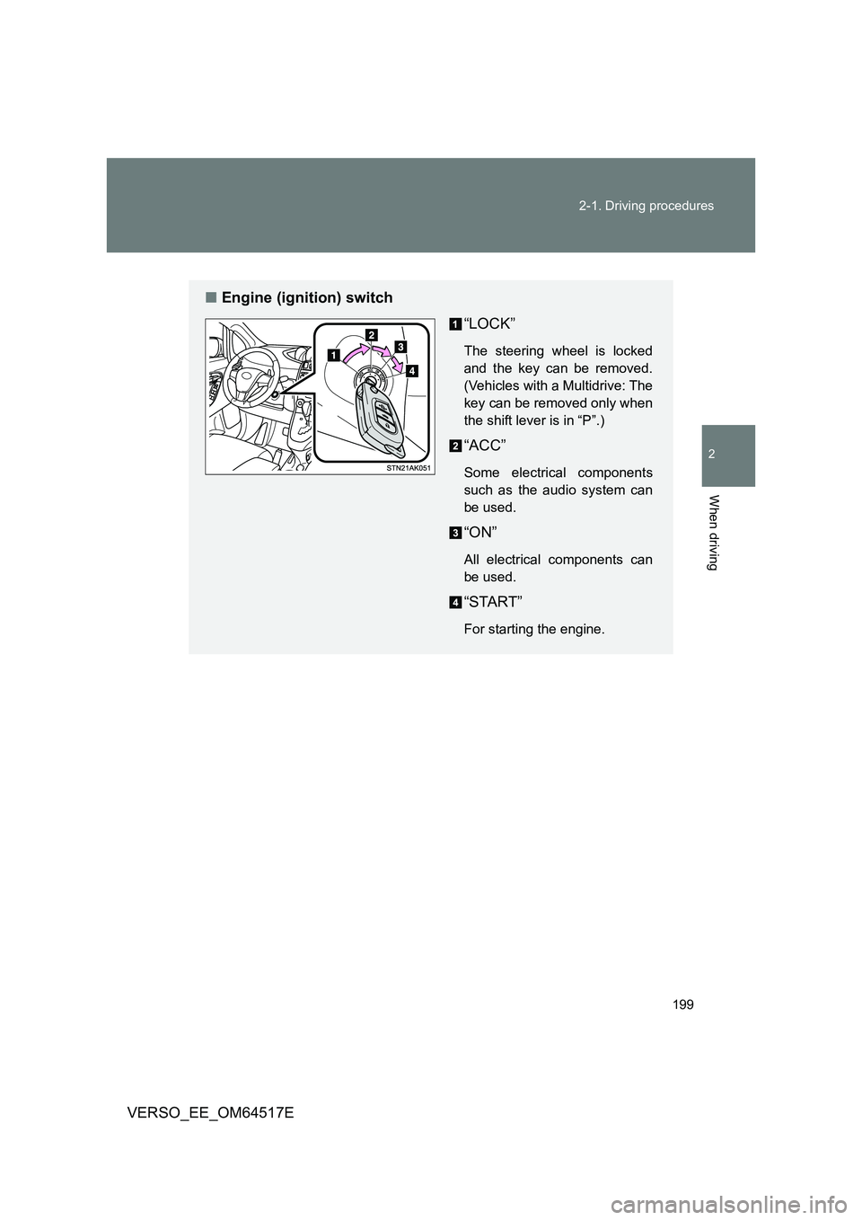 TOYOTA VERSO 2017  Owners Manual 199 
2-1. Driving procedures
2
When driving
VERSO_EE_OM64517E
■ Engine (ignition) switch 
“LOCK”
The steering wheel is locked 
and the key can be removed.
(Vehicles with a Multidrive: The
key ca