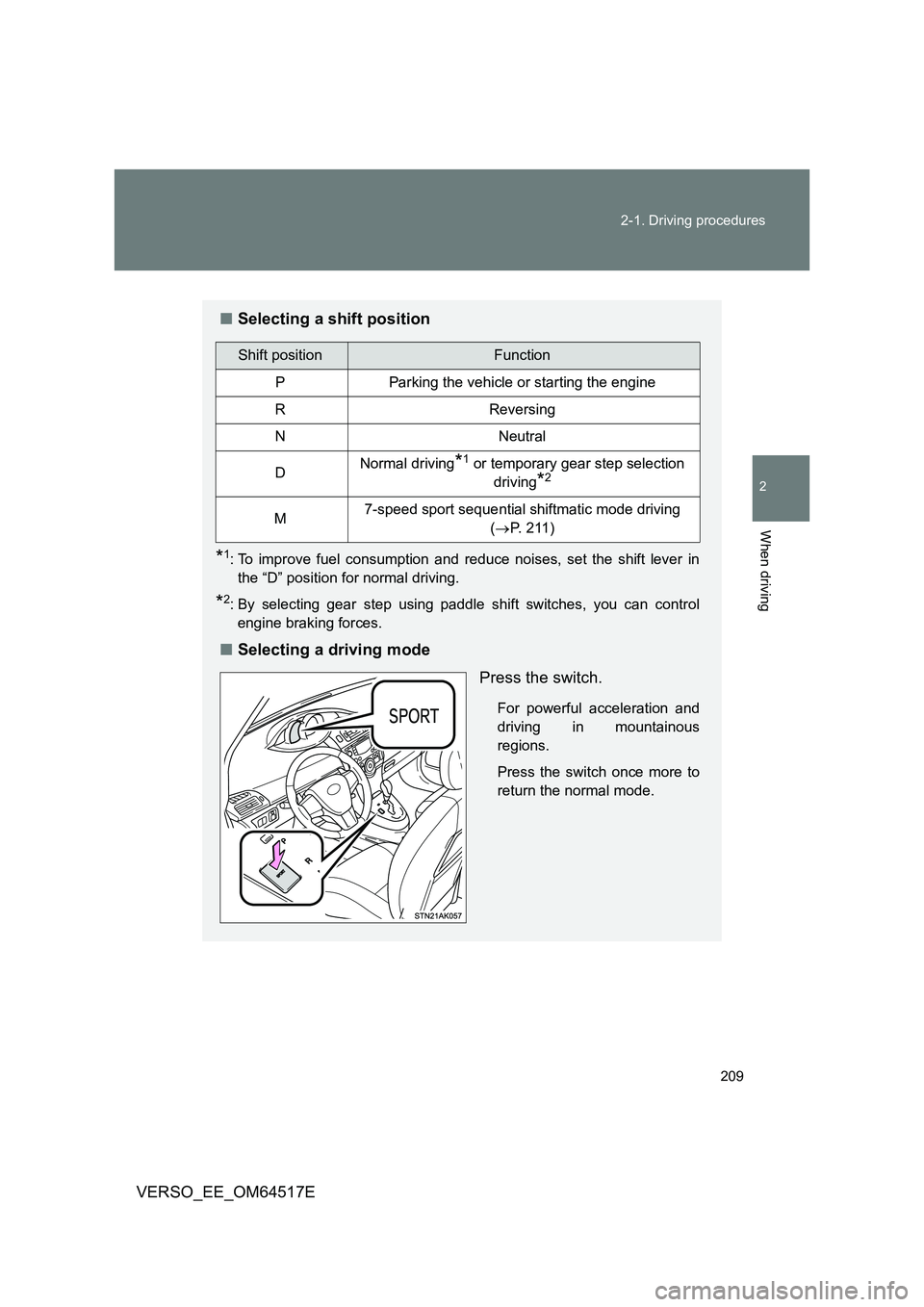 TOYOTA VERSO 2017  Owners Manual 209 
2-1. Driving procedures
2
When driving
VERSO_EE_OM64517E
■ Selecting a shift position
*1: To improve fuel consumption and reduce noises, set the shift lever in 
the “D” position for normal 