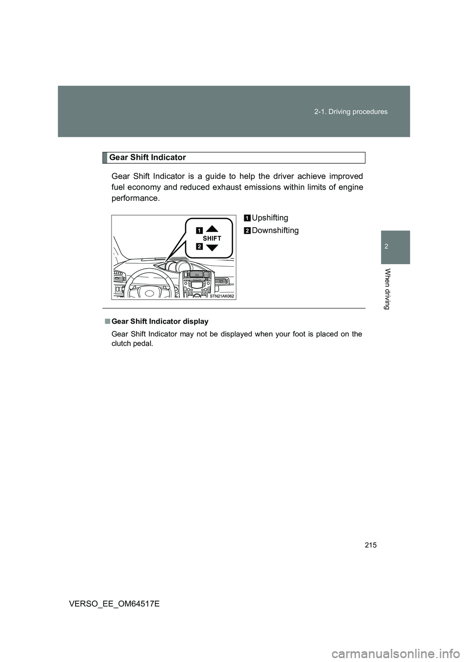 TOYOTA VERSO 2017  Owners Manual 215 
2-1. Driving procedures
2
When driving
VERSO_EE_OM64517E
Gear Shift Indicator 
Gear Shift Indicator is a guide to help the driver achieve improved 
fuel economy and reduced exhaust emissions with