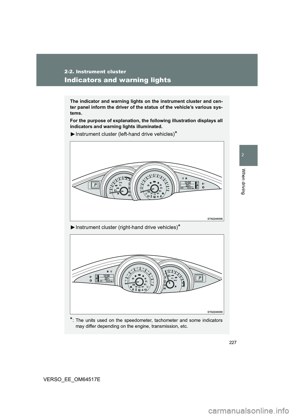 TOYOTA VERSO 2017  Owners Manual 227
2-2. Instrument cluster
2
When driving
VERSO_EE_OM64517E
Indicators and warning lights
The indicator and warning lights on the instrument cluster and cen- 
ter panel inform the driver of the statu