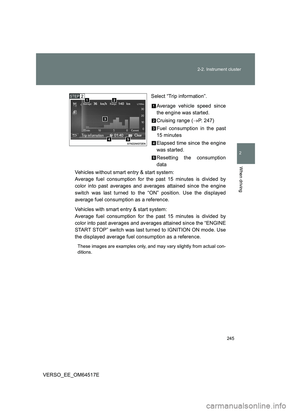 TOYOTA VERSO 2017  Owners Manual 245 
2-2. Instrument cluster
2
When driving
VERSO_EE_OM64517E 
Select “Trip information”. 
Average vehicle speed since 
the engine was started. 
Cruising range ( P. 247) 
Fuel consumption in th