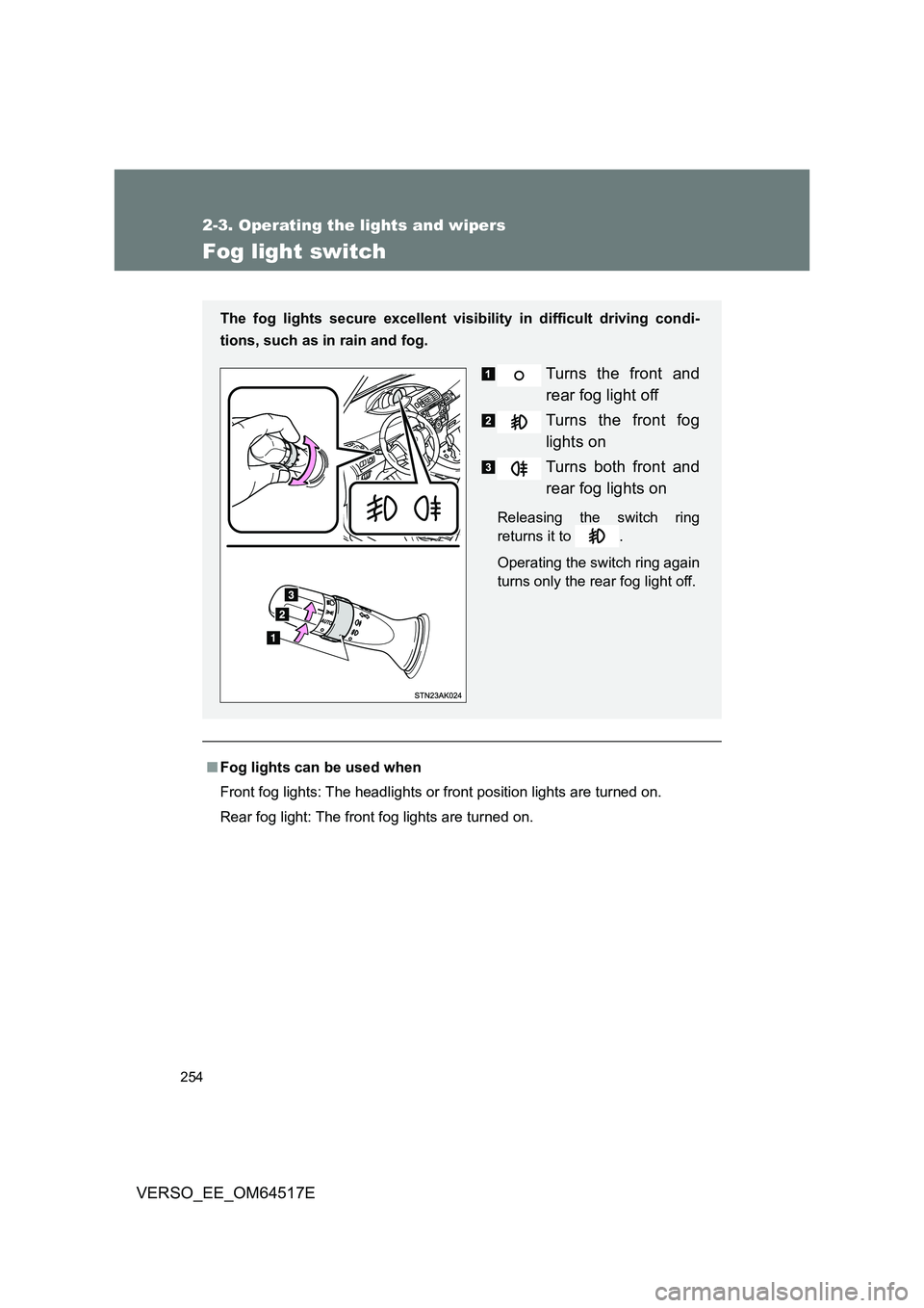 TOYOTA VERSO 2017  Owners Manual 254
2-3. Operating the lights and wipers
VERSO_EE_OM64517E
Fog light switch
■Fog lights can be used when 
Front fog lights: The headlights or  front position lights are turned on. 
Rear fog light: T