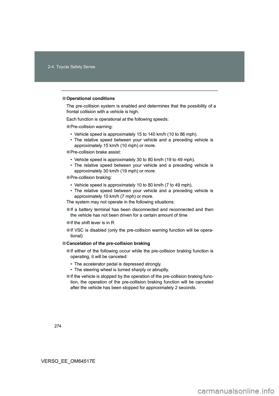 TOYOTA VERSO 2017 Owners Manual 274
2-4. Toyota Safety Sense
VERSO_EE_OM64517E
■ Operational conditions
The pre-collision system is enabled and determines that the possibility of a
frontal collision with a vehicle is high.
Eac TOYOTA VERSO 2017 Owners Manual 274
2-4. Toyota Safety Sense
VERSO_EE_OM64517E
■ Operational conditions
The pre-collision system is enabled and determines that the possibility of a
frontal collision with a vehicle is high.
Eac