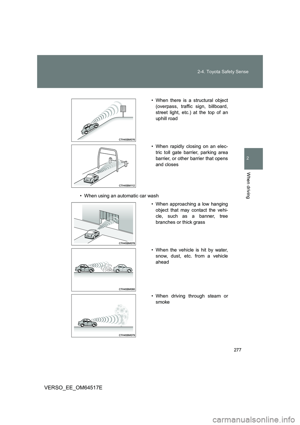 TOYOTA VERSO 2017  Owners Manual 277 
2-4. Toyota Safety Sense
2
When driving
VERSO_EE_OM64517E
• When using an automatic car wash 
• When there is a structural object 
(overpass, traffic sign, billboard,
street light, etc.) at t