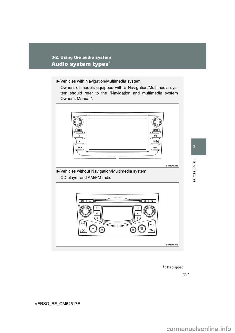 TOYOTA VERSO 2017  Owners Manual 357
3
Interior features
VERSO_EE_OM64517E
3-2. Using the audio system
Audio system types
: If equipped
Vehicles with Navigation/Multimedia system 
Owners of models equipped with a Navigation/Mul