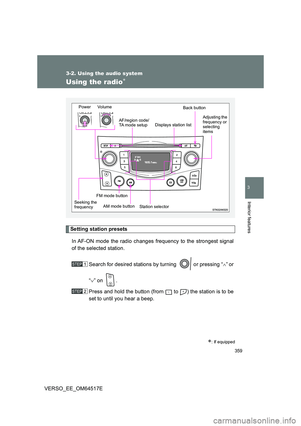 TOYOTA VERSO 2017  Owners Manual 359
3-2. Using the audio system
3
Interior features
VERSO_EE_OM64517E
Using the radio
Setting station presets 
In AF-ON mode the radio changes frequency to the strongest signal 
of the selected sta