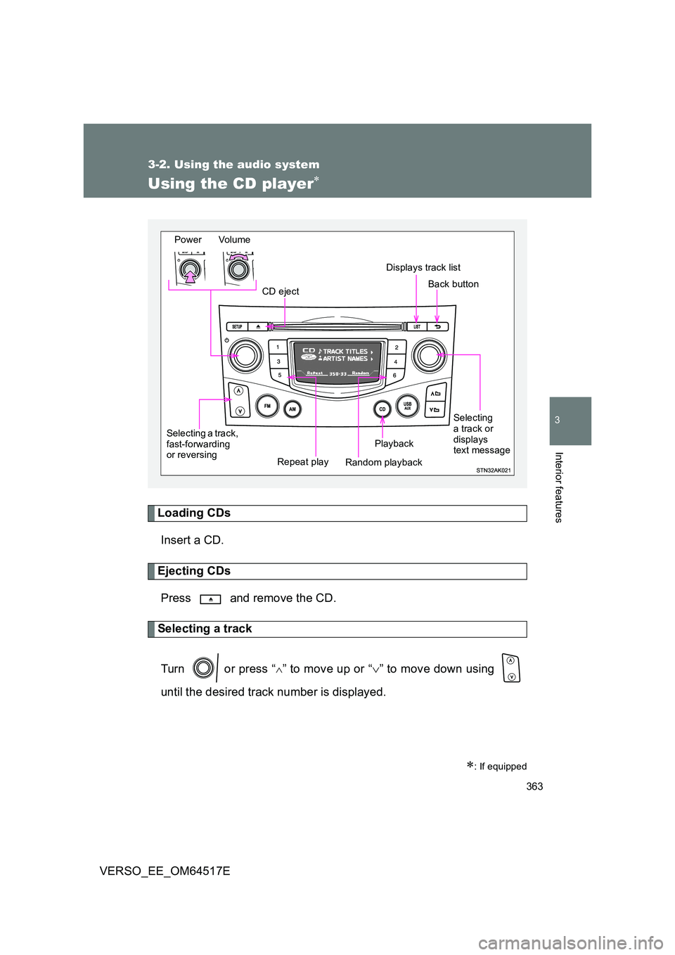 TOYOTA VERSO 2017  Owners Manual 363
3-2. Using the audio system
3
Interior features
VERSO_EE_OM64517E
Using the CD player
Loading CDs 
Insert a CD.
Ejecting CDs 
Press   and remove the CD.
Selecting a track 
Turn   or press “
