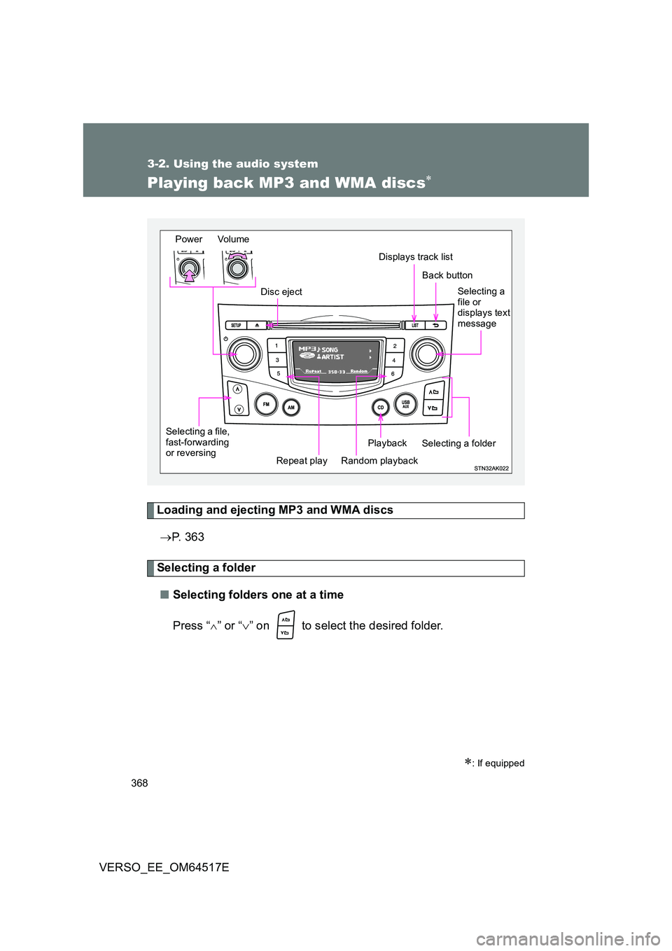 TOYOTA VERSO 2017  Owners Manual 368
3-2. Using the audio system
VERSO_EE_OM64517E
Playing back MP3 and WMA discs
Loading and ejecting MP3 and WMA discs 
 P.  3 6 3
Selecting a folder 
■ Selecting folders one at a time 
Press