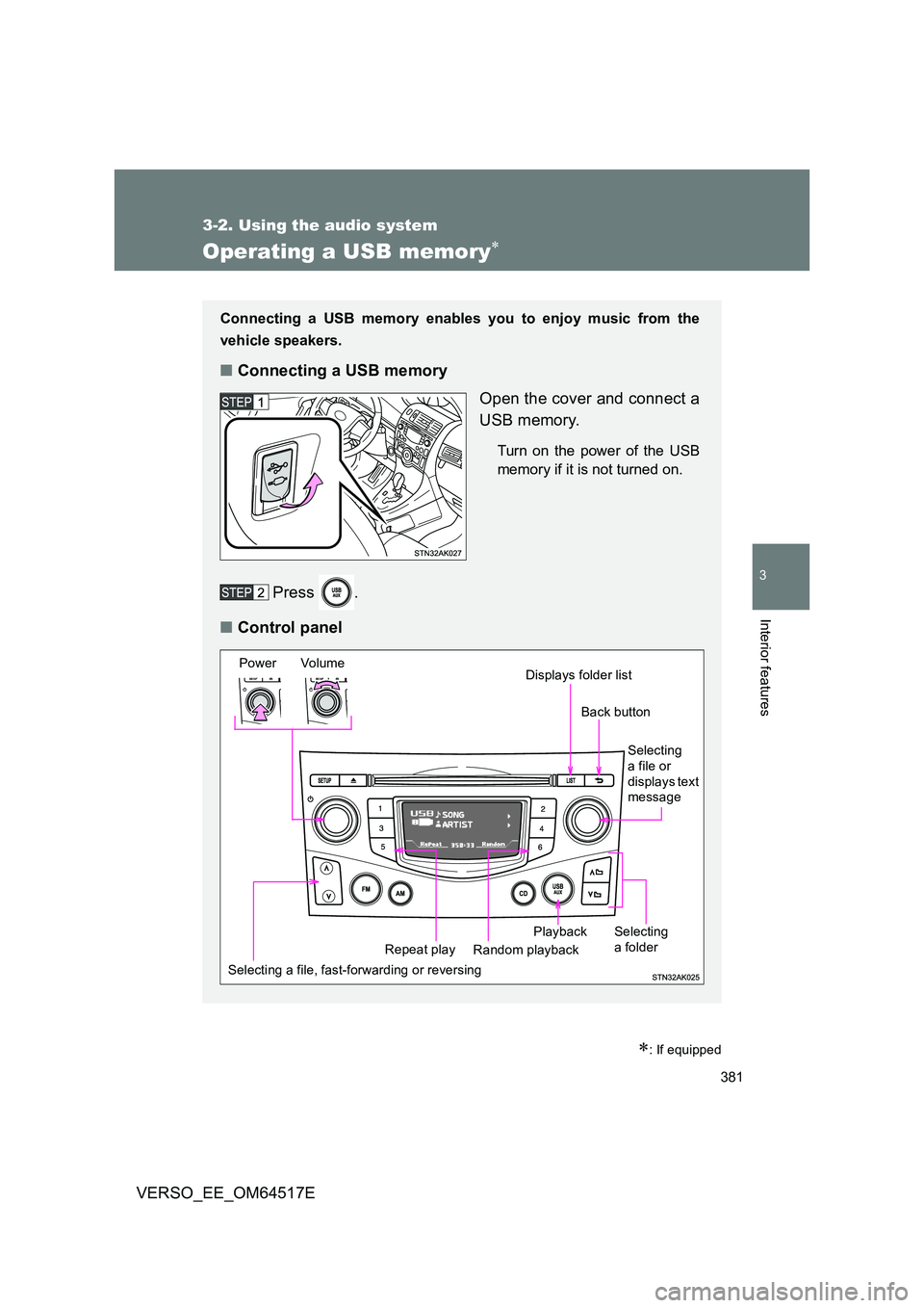 TOYOTA VERSO 2017  Owners Manual 381
3-2. Using the audio system
3
Interior features
VERSO_EE_OM64517E
Operating a USB memory
: If equipped
Connecting a USB memory enables you to enjoy music from the 
vehicle speakers.
■ Conn