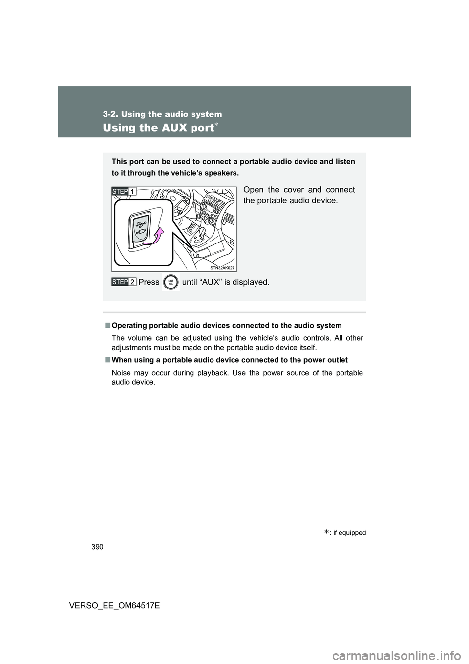 TOYOTA VERSO 2017  Owners Manual 390
3-2. Using the audio system
VERSO_EE_OM64517E
Using the AUX port
: If equipped
■Operating portable audio devices connected to the audio system 
The volume can be adjusted using the vehicle