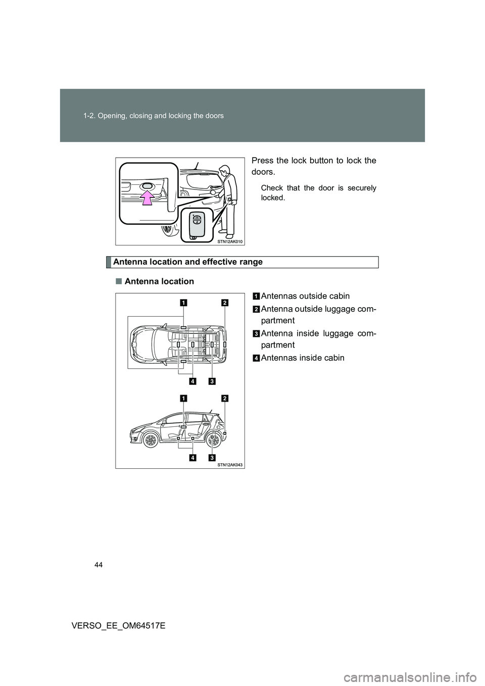 TOYOTA VERSO 2017  Owners Manual 44 
1-2. Opening, closing and locking the doors
VERSO_EE_OM64517E 
Press the lock button to lock the 
doors.
Check that the door is securely 
locked.
Antenna location and effective range 
■ Antenna 