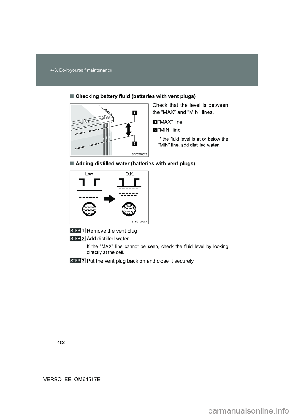 TOYOTA VERSO 2017  Owners Manual 462 
4-3. Do-it-yourself maintenance
VERSO_EE_OM64517E 
■ Checking battery fluid (batteries with vent plugs) 
Check that the level is between 
the “MAX” and “MIN” lines. 
“MAX” line 
“