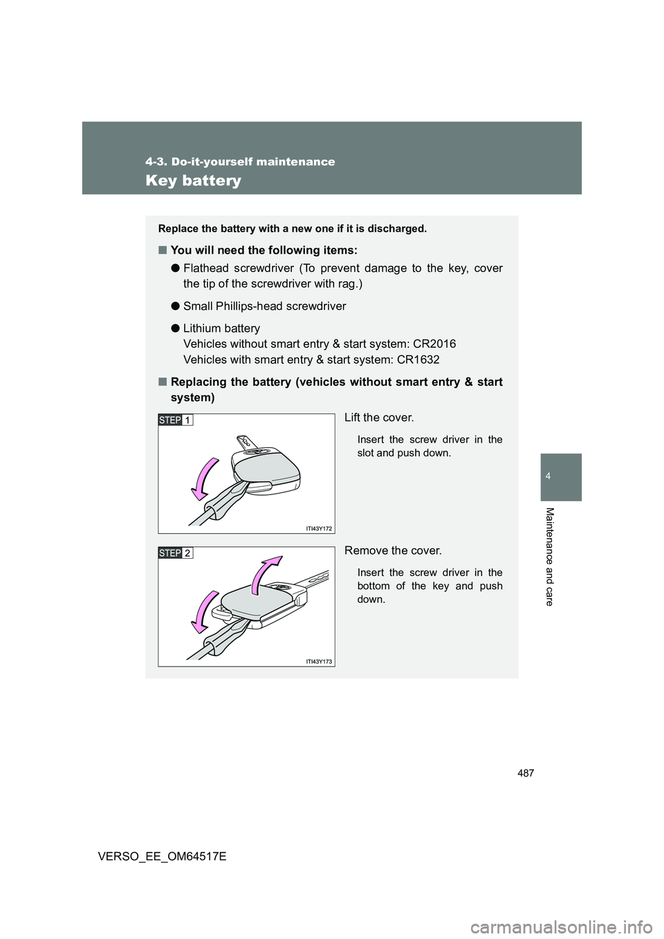 TOYOTA VERSO 2017  Owners Manual 487
4-3. Do-it-yourself maintenance
4
Maintenance and care
VERSO_EE_OM64517E
Key battery
Replace the battery with a new one if it is discharged.
■You will need the following items: 
● Flathead scr
