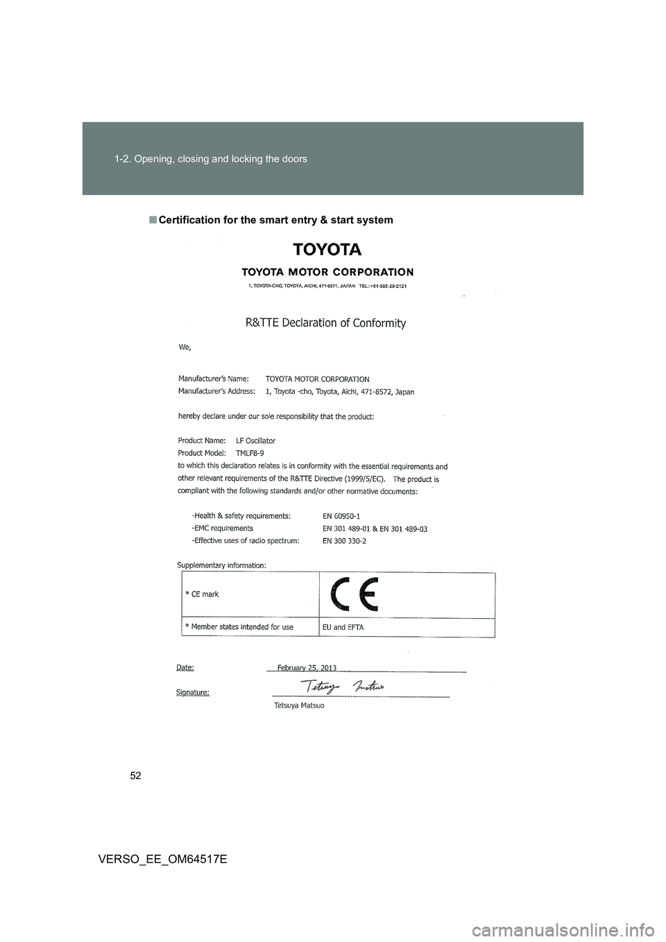 TOYOTA VERSO 2017  Owners Manual 52 
1-2. Opening, closing and locking the doors
VERSO_EE_OM64517E
■ Certification for the smart entry & start system 