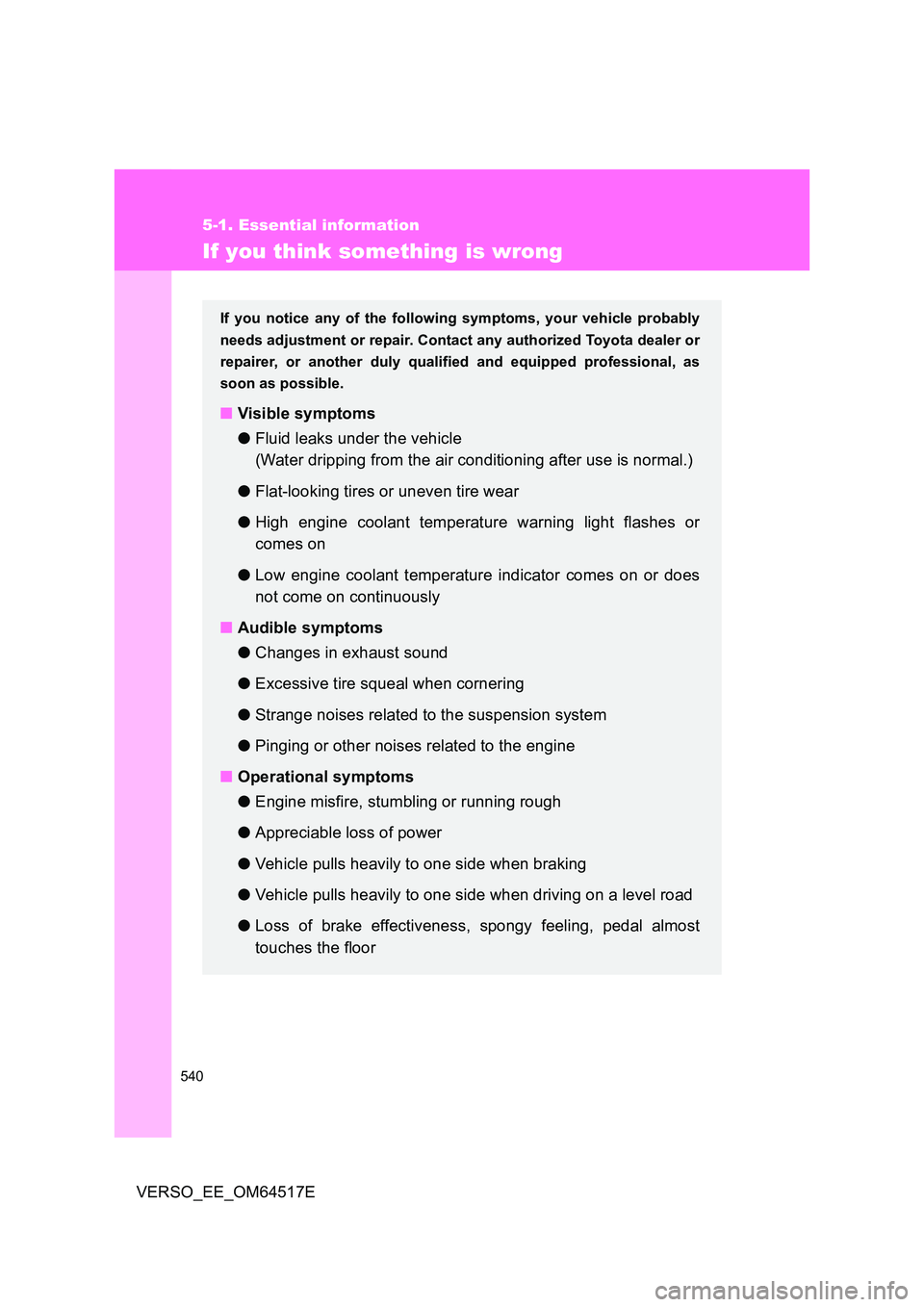 TOYOTA VERSO 2017 Owners Manual 540
5-1. Essential information
VERSO_EE_OM64517E
If you think something is wrong
If you notice any of the following symptoms, your vehicle probably
needs adjustment or repair. Contact any authorized TOYOTA VERSO 2017 Owners Manual 540
5-1. Essential information
VERSO_EE_OM64517E
If you think something is wrong
If you notice any of the following symptoms, your vehicle probably
needs adjustment or repair. Contact any authorized