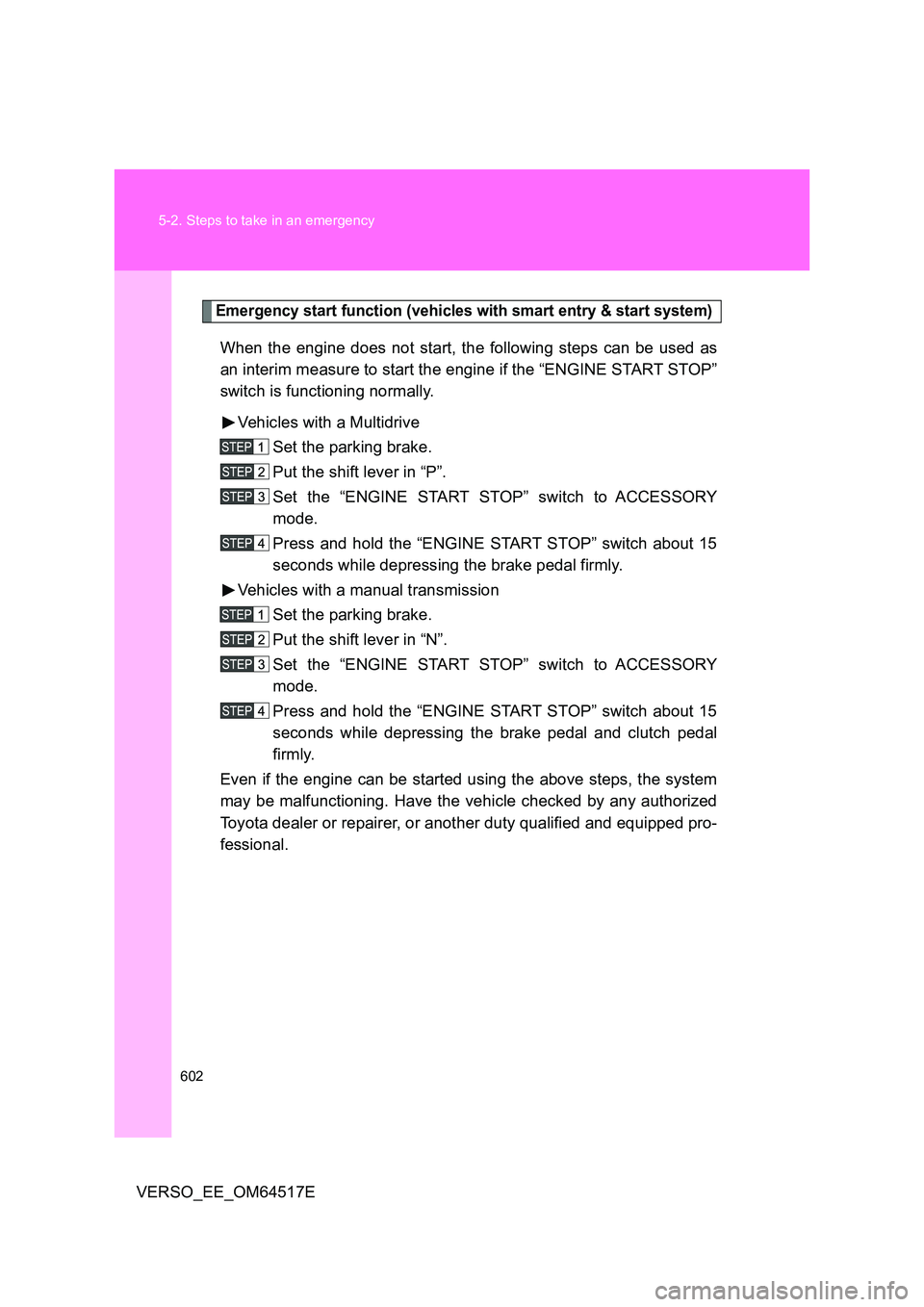 TOYOTA VERSO 2017 Owners Manual 602
5-2. Steps to take in an emergency
VERSO_EE_OM64517E
Emergency start function (vehicles with smart entry & start system)
When the engine does not start, the following steps can be used as
an int TOYOTA VERSO 2017 Owners Manual 602
5-2. Steps to take in an emergency
VERSO_EE_OM64517E
Emergency start function (vehicles with smart entry & start system)
When the engine does not start, the following steps can be used as
an int