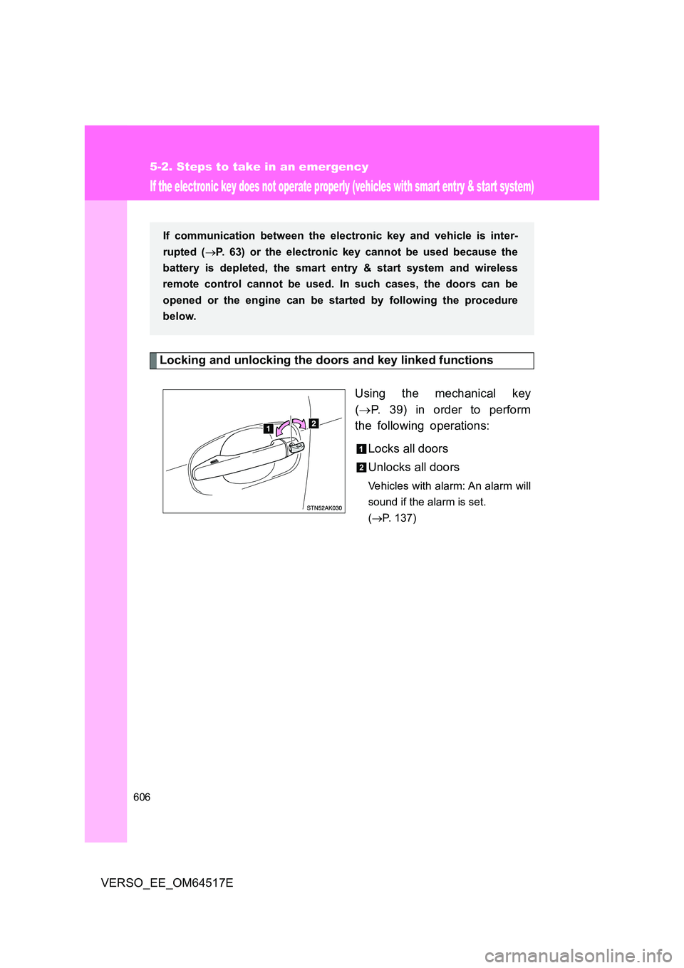 TOYOTA VERSO 2017  Owners Manual 606
5-2. Steps to take in an emergency
VERSO_EE_OM64517E
If the electronic key does not operate properly (vehicles with smart entry & start system)
Locking and unlocking the doors and key linked funct