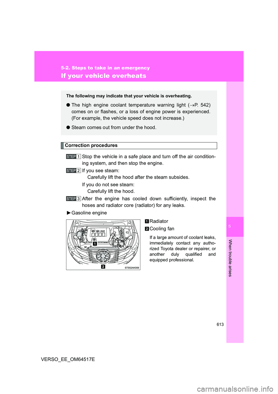 TOYOTA VERSO 2017  Owners Manual 5
613
5-2. Steps to take in an emergency
When trouble arises
VERSO_EE_OM64517E
If your vehicle overheats
Correction procedures 
Stop the vehicle in a safe place and turn off the air condition- 
ing sy