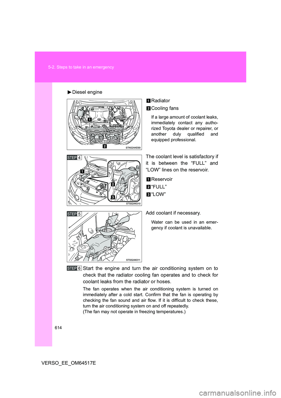 TOYOTA VERSO 2017  Owners Manual 614 
5-2. Steps to take in an emergency
VERSO_EE_OM64517E 
Diesel engine 
Radiator 
Cooling fans
If a large amount of coolant leaks, 
immediately contact any autho-
rized Toyota dealer or repairer, or