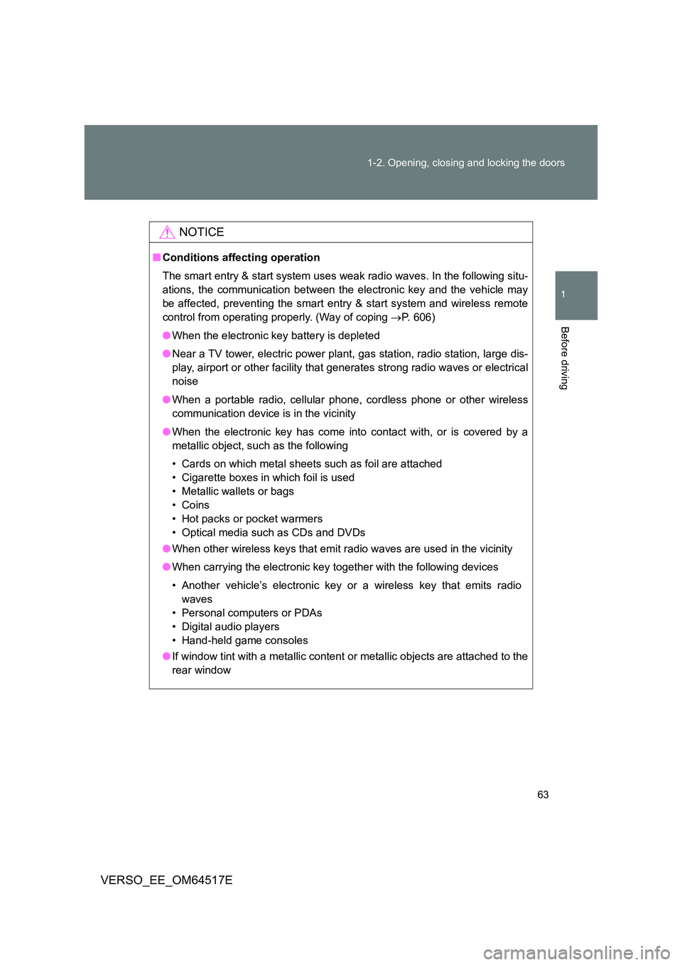 TOYOTA VERSO 2017 Owners Manual 63
1-2. Opening, closing and locking the doors
1
Before driving
VERSO_EE_OM64517E
NOTICE
■ Conditions affecting operation
The smart entry & start system uses weak radio waves. In the following sit TOYOTA VERSO 2017 Owners Manual 63
1-2. Opening, closing and locking the doors
1
Before driving
VERSO_EE_OM64517E
NOTICE
■ Conditions affecting operation
The smart entry & start system uses weak radio waves. In the following sit