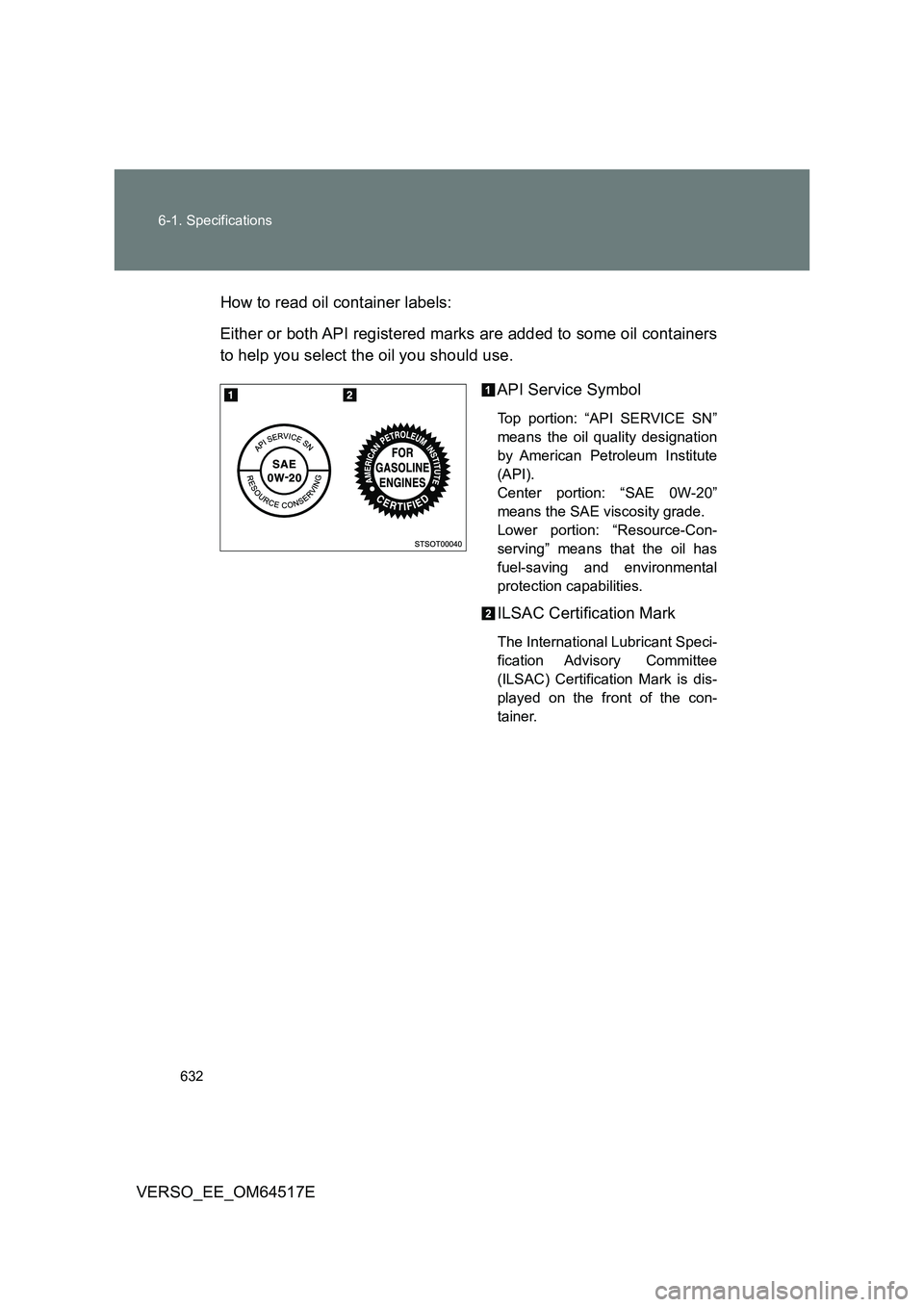 TOYOTA VERSO 2017  Owners Manual 632 
6-1. Specifications
VERSO_EE_OM64517E 
How to read oil container labels: 
Either or both API registered marks are added to some oil containers 
to help you select the oil you should use. 
API Ser