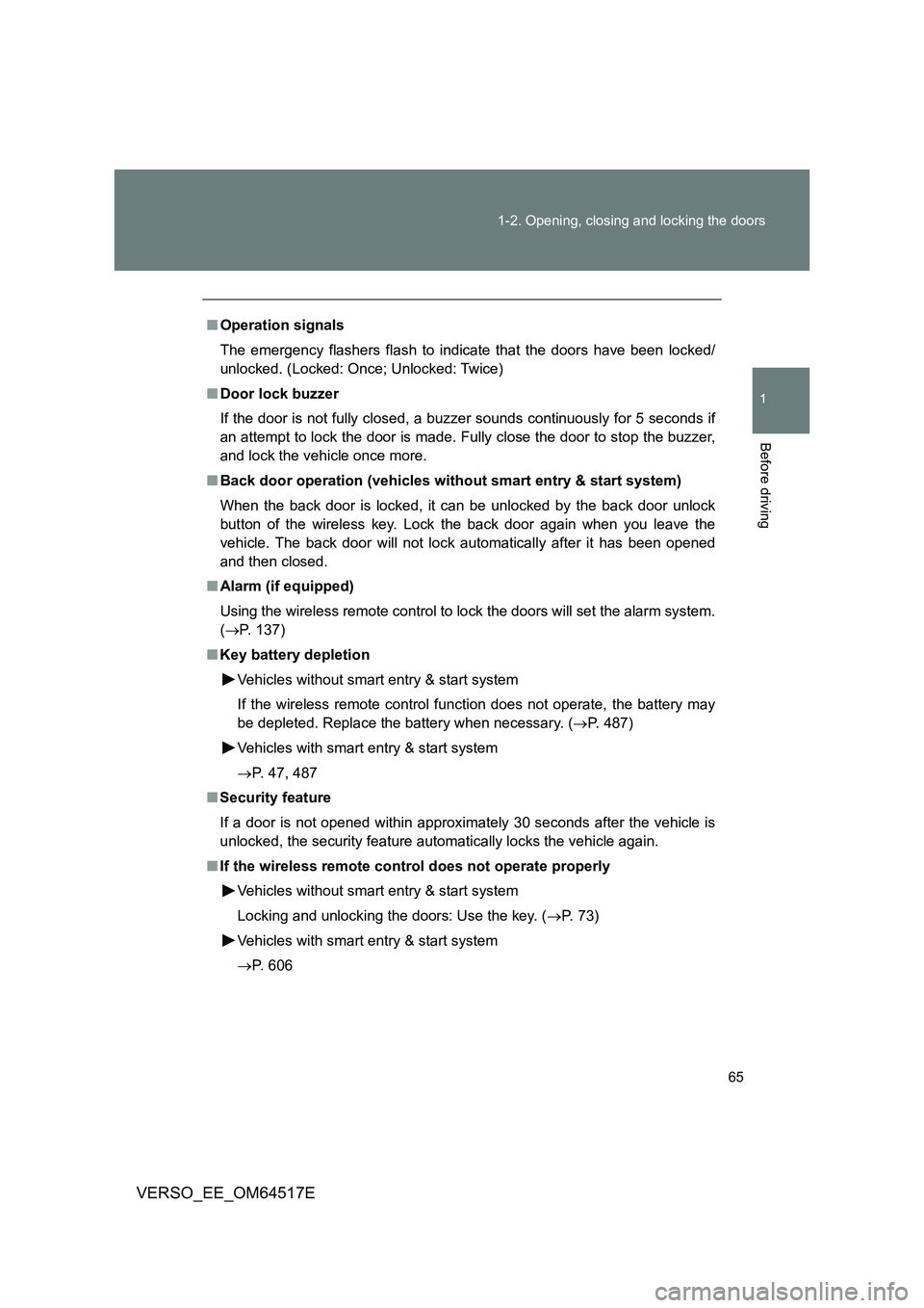 TOYOTA VERSO 2017 Owners Manual 65
1-2. Opening, closing and locking the doors
1
Before driving
VERSO_EE_OM64517E
■ Operation signals
The emergency flashers flash to indicate that the doors have been locked/
unlocked. (Locked: TOYOTA VERSO 2017 Owners Manual 65
1-2. Opening, closing and locking the doors
1
Before driving
VERSO_EE_OM64517E
■ Operation signals
The emergency flashers flash to indicate that the doors have been locked/
unlocked. (Locked: