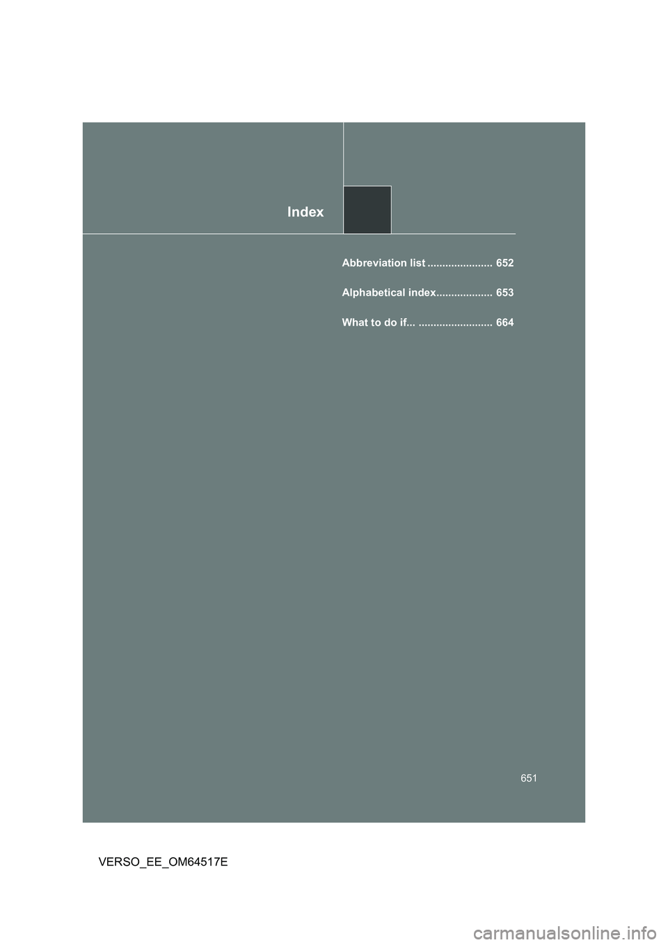 TOYOTA VERSO 2017  Owners Manual Index
651
VERSO_EE_OM64517E
Abbreviation list ......................  652 
Alphabetical index...................  653 
What to do if... .........................  664 