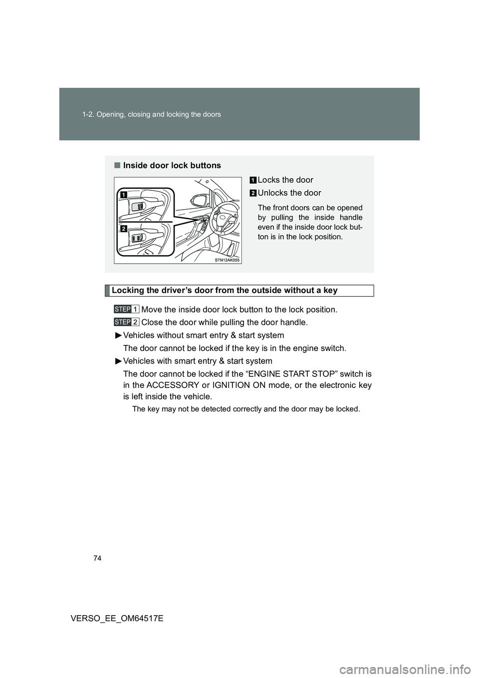 TOYOTA VERSO 2017  Owners Manual 74 
1-2. Opening, closing and locking the doors
VERSO_EE_OM64517E
Locking the driver’s door from the outside without a key 
Move the inside door lock button to the lock position. 
Close the door whi