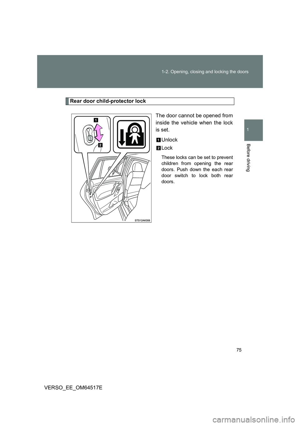 TOYOTA VERSO 2017  Owners Manual 75 
1-2. Opening, closing and locking the doors
1
Before driving
VERSO_EE_OM64517E
Rear door child-protector lock 
The door cannot be opened from 
inside the vehicle when the lock
is set. 
Unlock 
Loc
