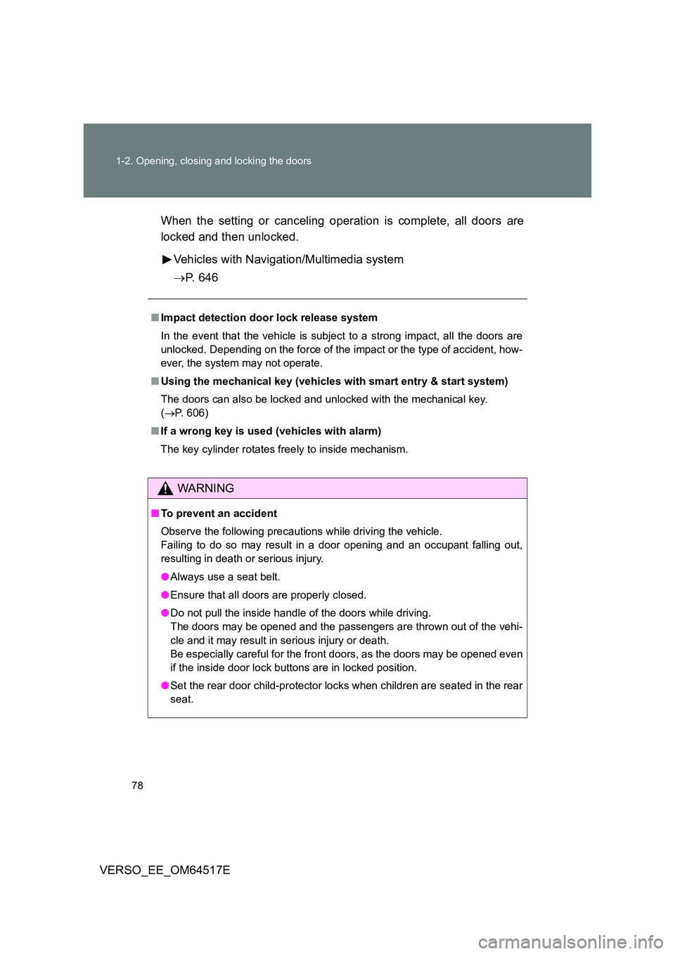 TOYOTA VERSO 2017 Owners Manual 78
1-2. Opening, closing and locking the doors
VERSO_EE_OM64517E
When the setting or canceling operation is complete, all doors are
locked and then unlocked.
Vehicles with Navigation/Multimedia sy TOYOTA VERSO 2017 Owners Manual 78
1-2. Opening, closing and locking the doors
VERSO_EE_OM64517E
When the setting or canceling operation is complete, all doors are
locked and then unlocked.
Vehicles with Navigation/Multimedia sy