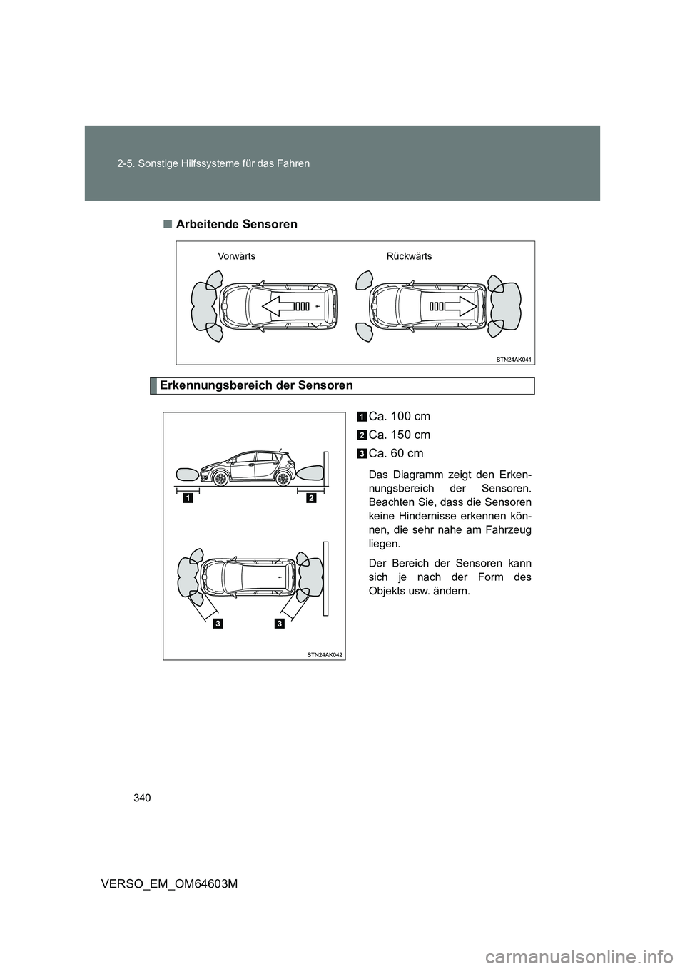 TOYOTA VERSO 2017  Brugsanvisning (in Danish) 340 
2-5. Sonstige Hilfssysteme für das Fahren
VERSO_EM_OM64603M 
■ Arbeitende Sensoren
Erkennungsbereich der Sensoren 
Ca. 100 cm 
Ca. 150 cm 
Ca. 60 cm
Das Diagramm zeigt den Erken- 
nungsbereich