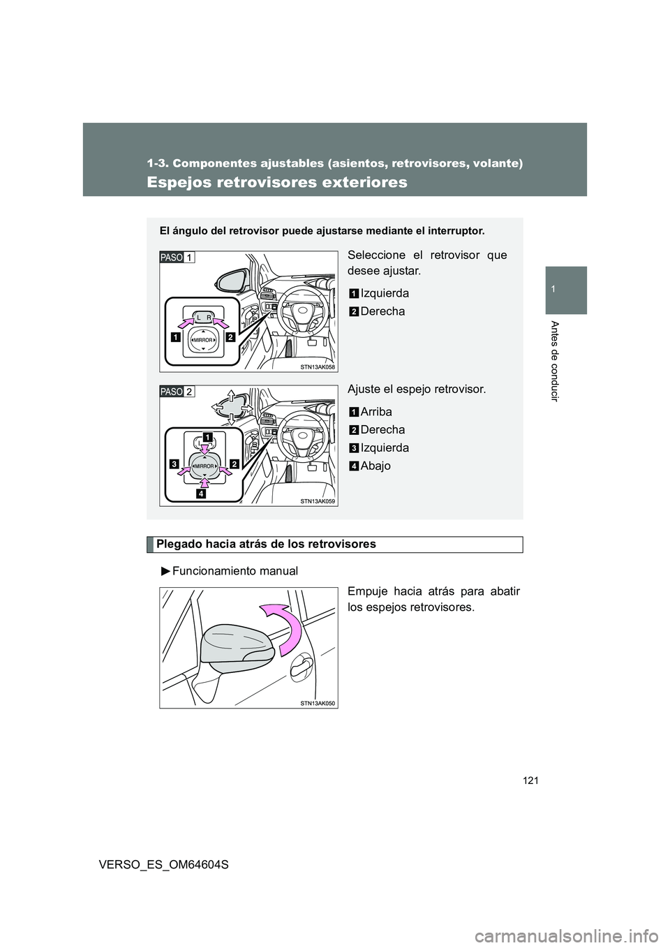 TOYOTA VERSO 2017  Manual del propietario (in Spanish) 121
1
1-3. Componentes ajustables (asientos, retrovisores, volante)
Antes de conducir
VERSO_ES_OM64604S
Espejos retrovisores exteriores
Plegado hacia atrás de los retrovisores 
Funcionamiento manual 
