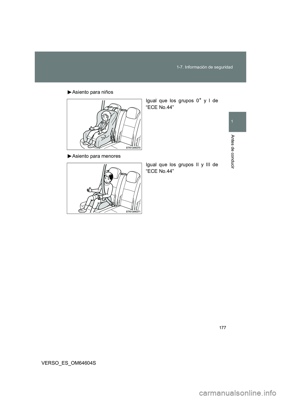 TOYOTA VERSO 2017  Manual del propietario (in Spanish) 177 
1-7. Información de seguridad
1
Antes de conducir
VERSO_ES_OM64604S 
Asiento para niños 
Igual que los grupos 0+ y I de 
“ECE No.44” 
Asiento para menores 
Igual que los grupos II y III de 