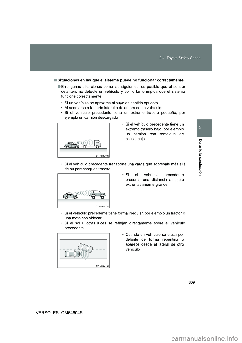 TOYOTA VERSO 2017  Manual del propietario (in Spanish) 309 
2-4. Toyota Safety Sense
VERSO_ES_OM64604S
2
Durante la conducción
■ Situaciones en las que el sistema puede no funcionar correctamente 
● En algunas situaciones como las siguientes, es posi