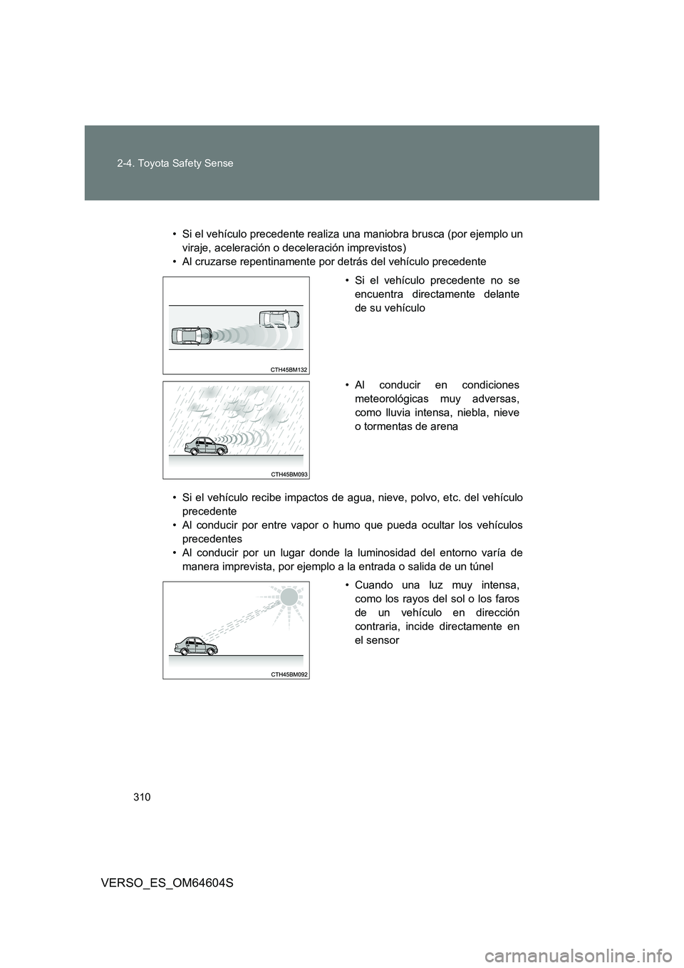 TOYOTA VERSO 2017  Manual del propietario (in Spanish) 310 
2-4. Toyota Safety Sense
VERSO_ES_OM64604S
• Si el vehículo precedente realiza  una maniobra brusca (por ejemplo un 
viraje, aceleración o deceleración imprevistos)
• Al cruzarse repentina