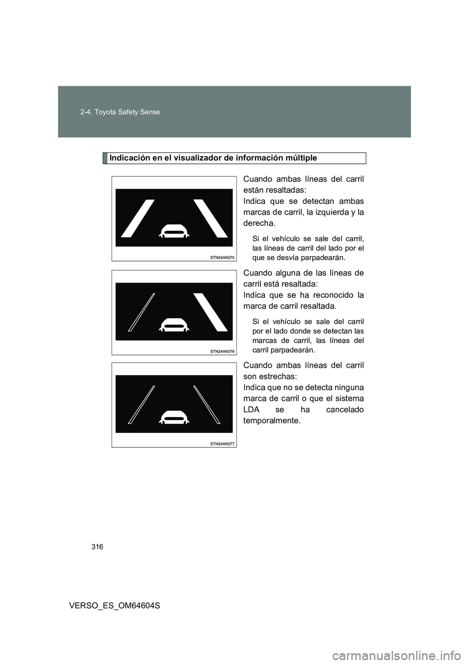 TOYOTA VERSO 2017  Manual del propietario (in Spanish) 316 
2-4. Toyota Safety Sense
VERSO_ES_OM64604S
Indicación en el visualizador de información múltiple 
Cuando ambas líneas del carril 
están resaltadas:  
Indica que se detectan ambas
marcas de c
