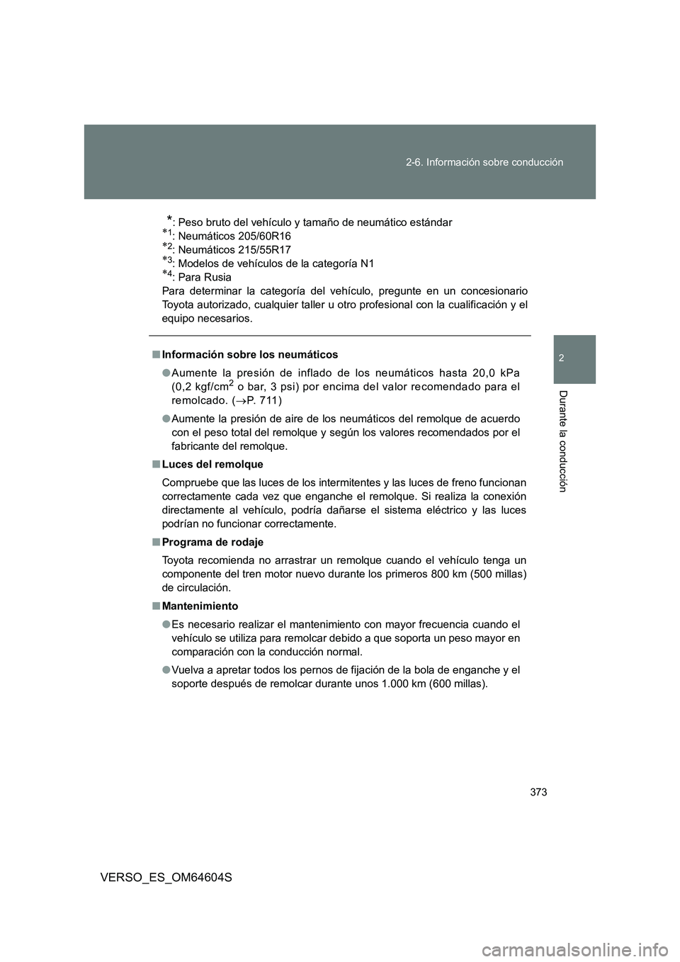 TOYOTA VERSO 2017 Manual del propietario (in Spanish) 373
2-6. Información sobre conducción
2
Durante la conducción
VERSO_ES_OM64604S
*: Peso bruto del vehículo y tamaño de neumático estándar1: Neumáticos 205/60R162: Neumáticos 215/55R17 TOYOTA VERSO 2017 Manual del propietario (in Spanish) 373
2-6. Información sobre conducción
2
Durante la conducción
VERSO_ES_OM64604S
*: Peso bruto del vehículo y tamaño de neumático estándar1: Neumáticos 205/60R162: Neumáticos 215/55R17